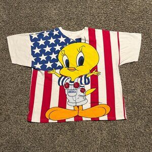 Vintage 90s Looney Tunes Tweety Bird USA Flag AOP Tee